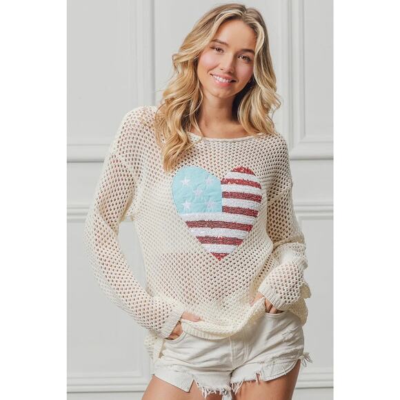 BiBi Sequin Detail American Flag Heart Patch Open Knit Cover Up Top | Off White - Picture 6 of 11